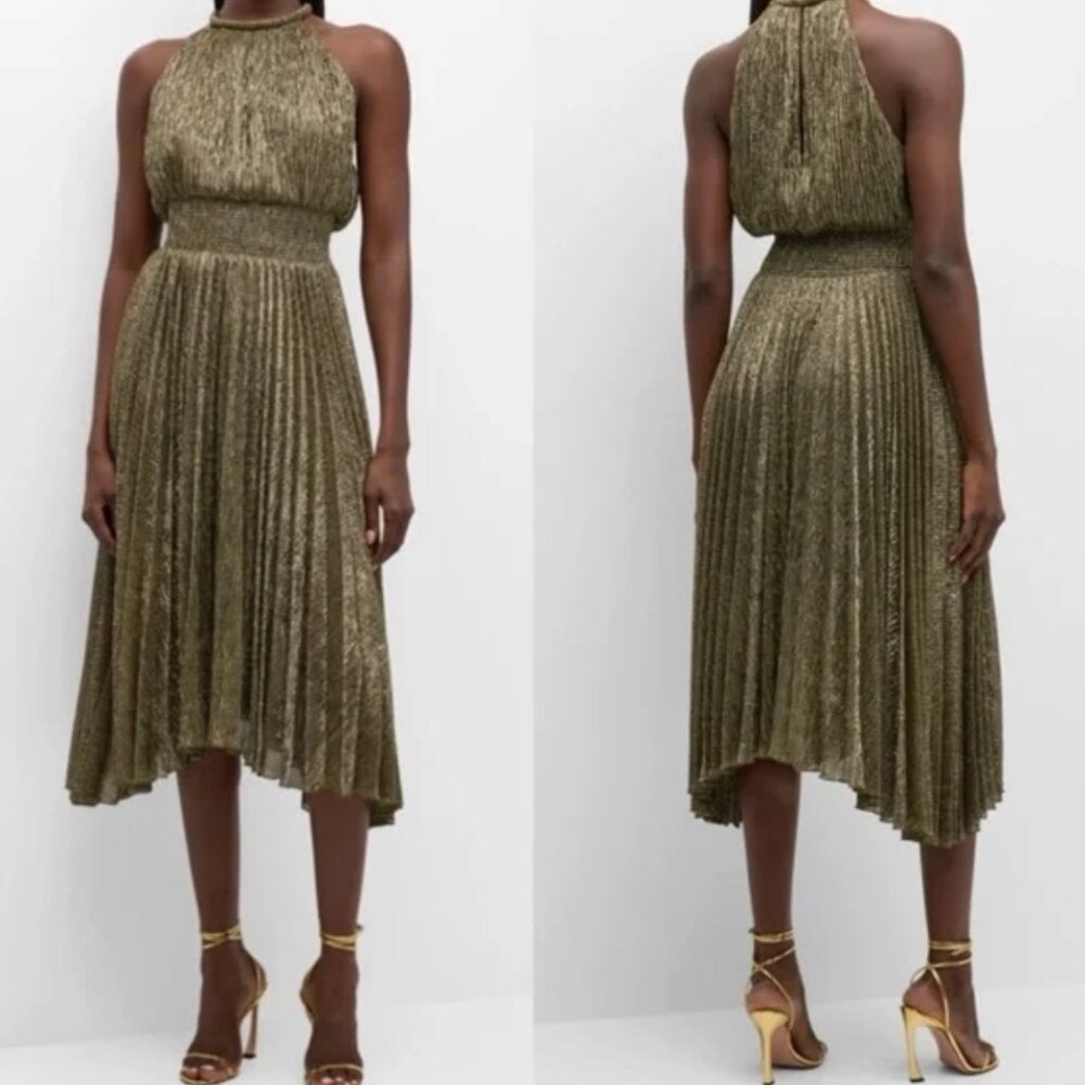 A.L.C. Renzo II Metallic Pleated Midi Dress Antique Gold 6 NWT $495